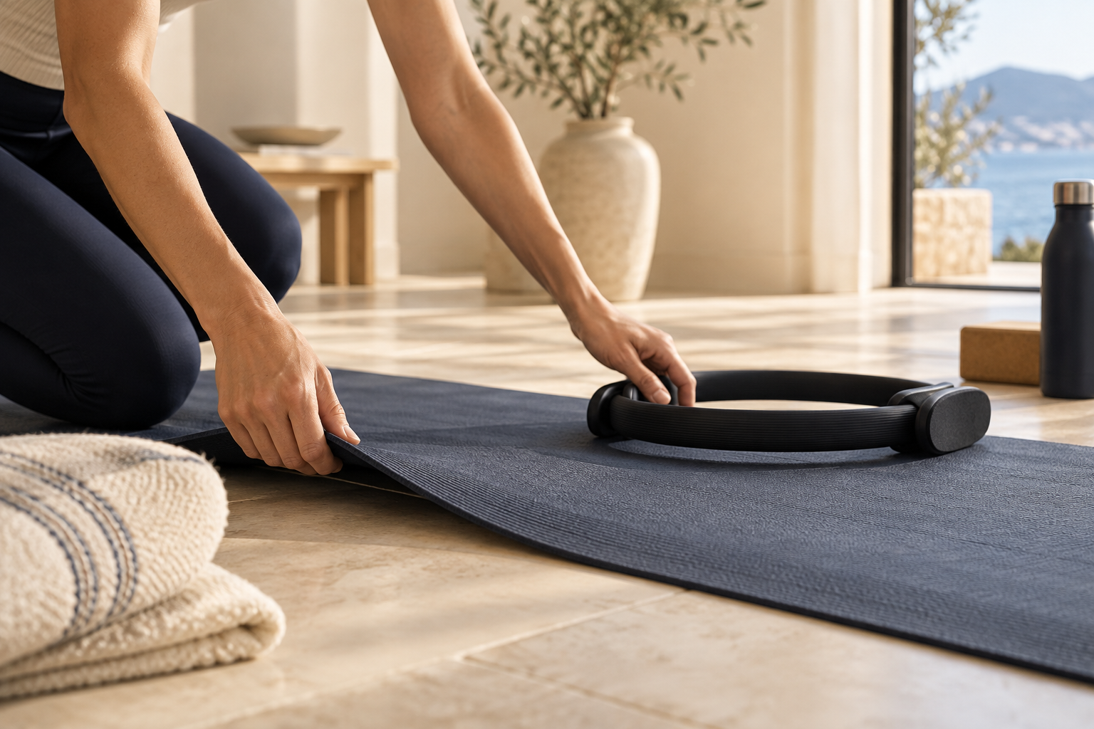Installation d'un tapis pour une séance de Pilates à domicile
